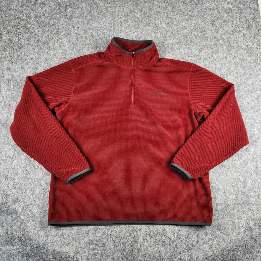 Eddie Bauer Pullover Men L Red Waffle Knit Fleece Quarter Zip Hiking Outdoor